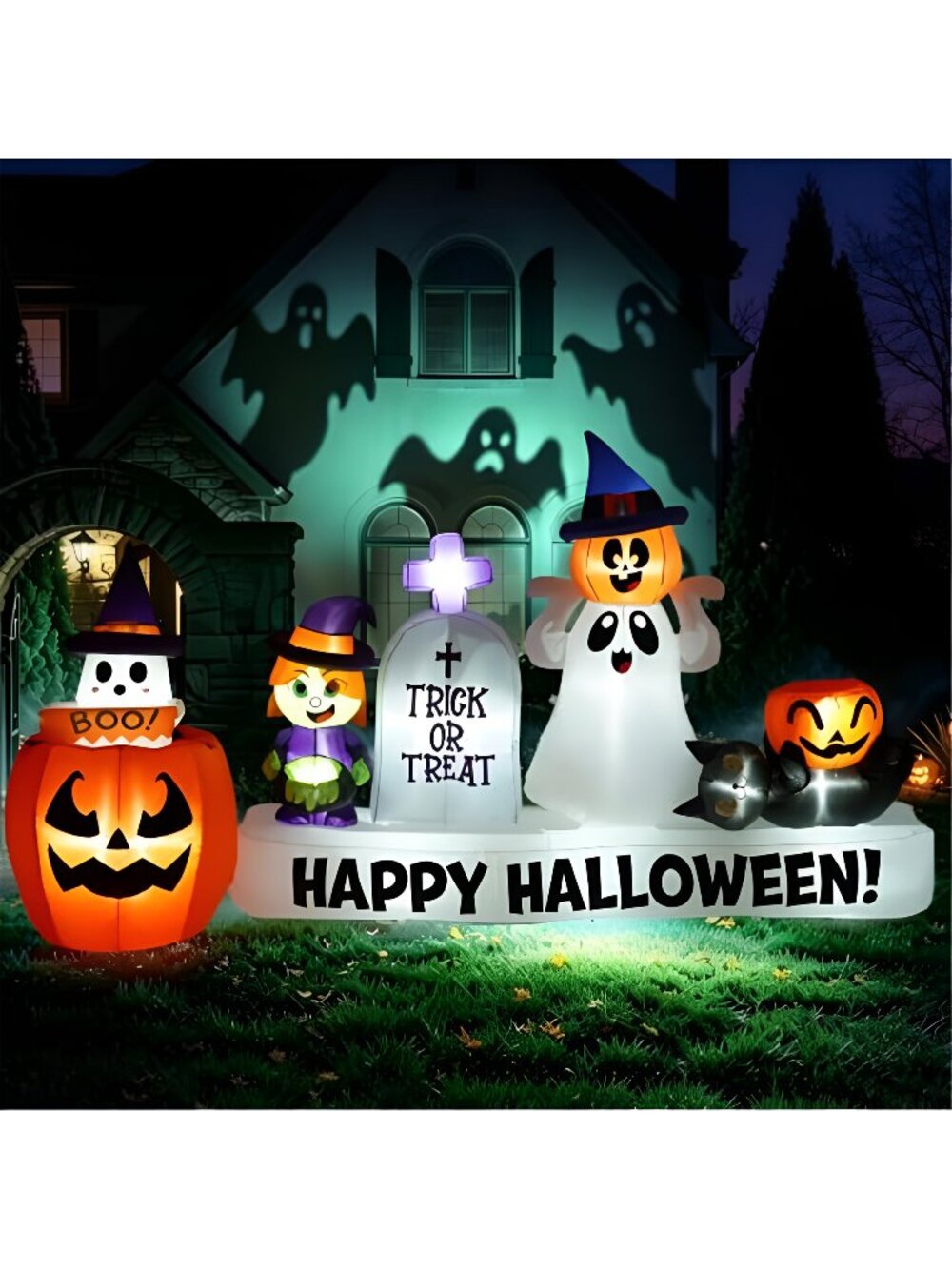 9 FT Long Halloween Animated Ghost Pumpkin Witch Tombstone Cat Inflatables